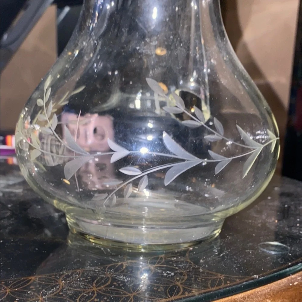 Elegant Clear Glass Pitcher with Floral Design 10 1/2” tall